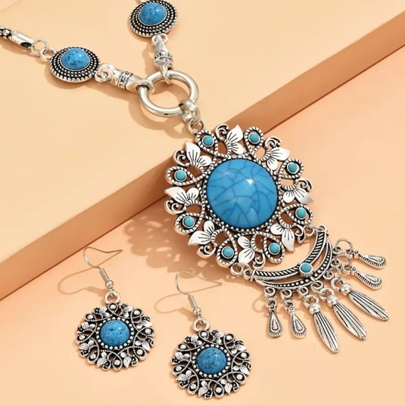 2/$40 NEW Western Silver and Blue Turquoise Necklace Earring Set Preppy -(#0143) - Picture 2 of 5